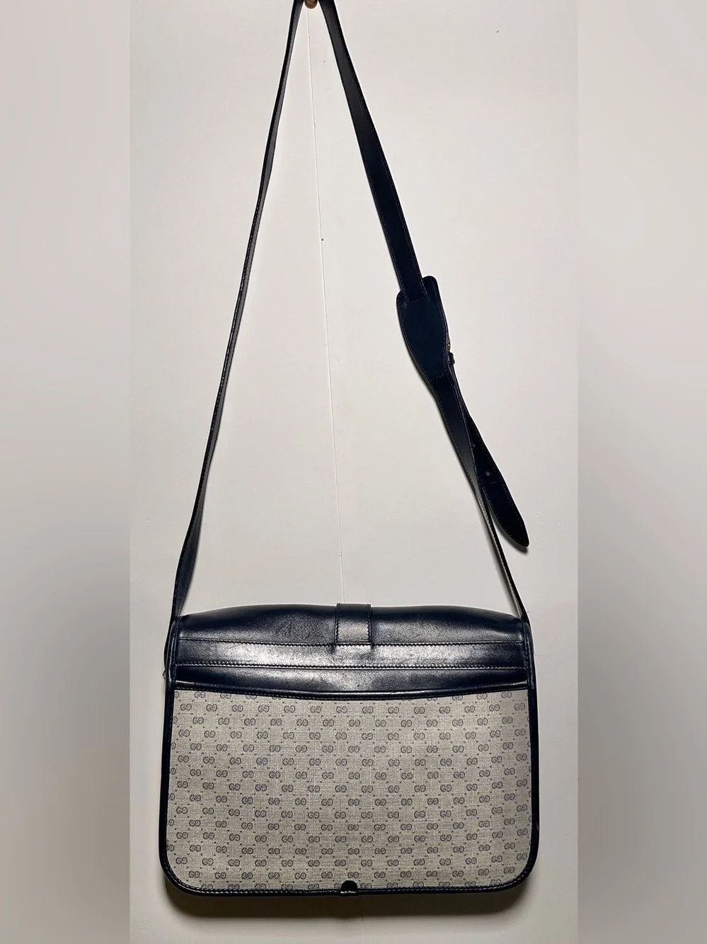 Vintage Gucci Navy Blue Leather  GG Canvas Shoulder Bag